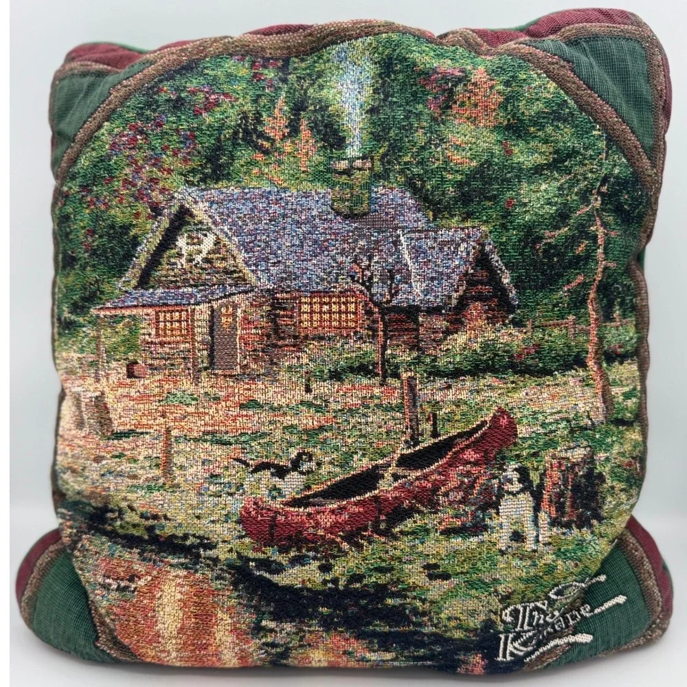 Vintage Thomas Kinkade Tapestry Pillow Cabin Lodge Scenic Decor Cottagecore
